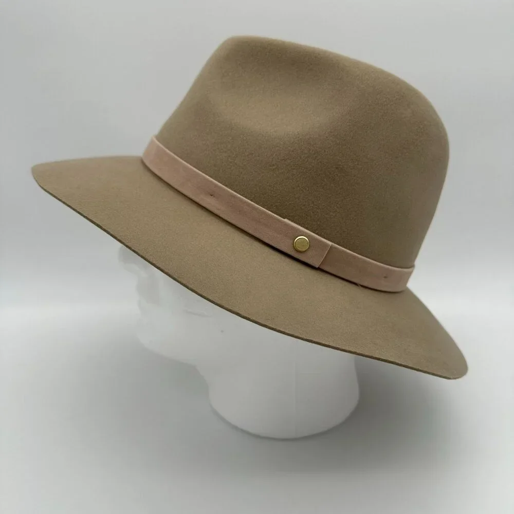 Phenix Women's Short Brim 100% Wool Suede Trim Fedora Hat, OSFM, Beige